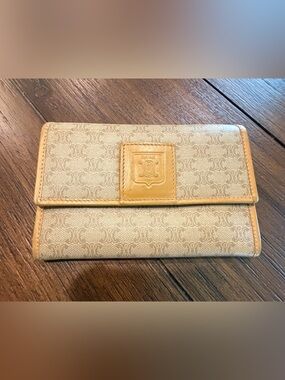 Celine Vintage Macadam Triomphe Flap Wallet, Beige/Tan PVC Canvas w/Leather Trim